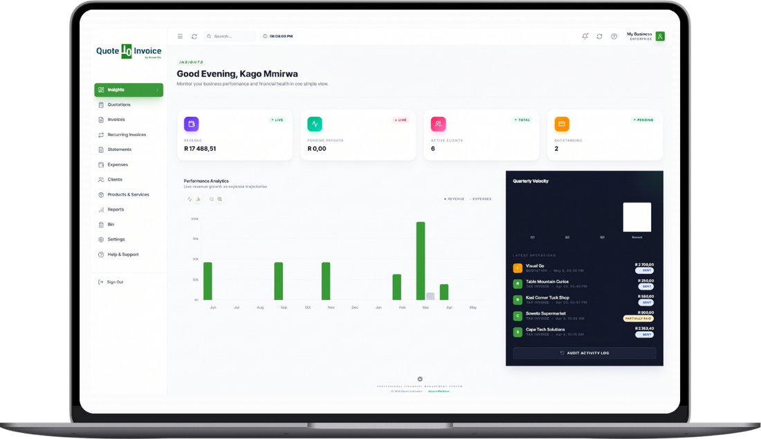 The Quote to Invoice dashboard on a laptop, showing revenue, active clients and recent documents